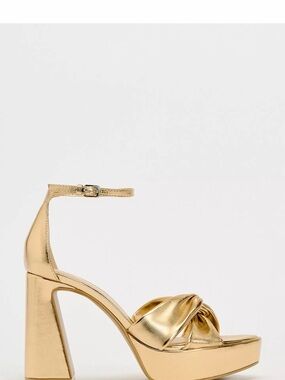 BRAND NEW Zara Metallic Gold Platform Ankle-Strap Block Heels 10